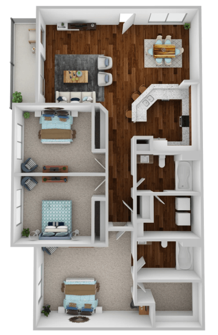 A top-down view of a small apartment with a bedroom, living room, and kitchen.